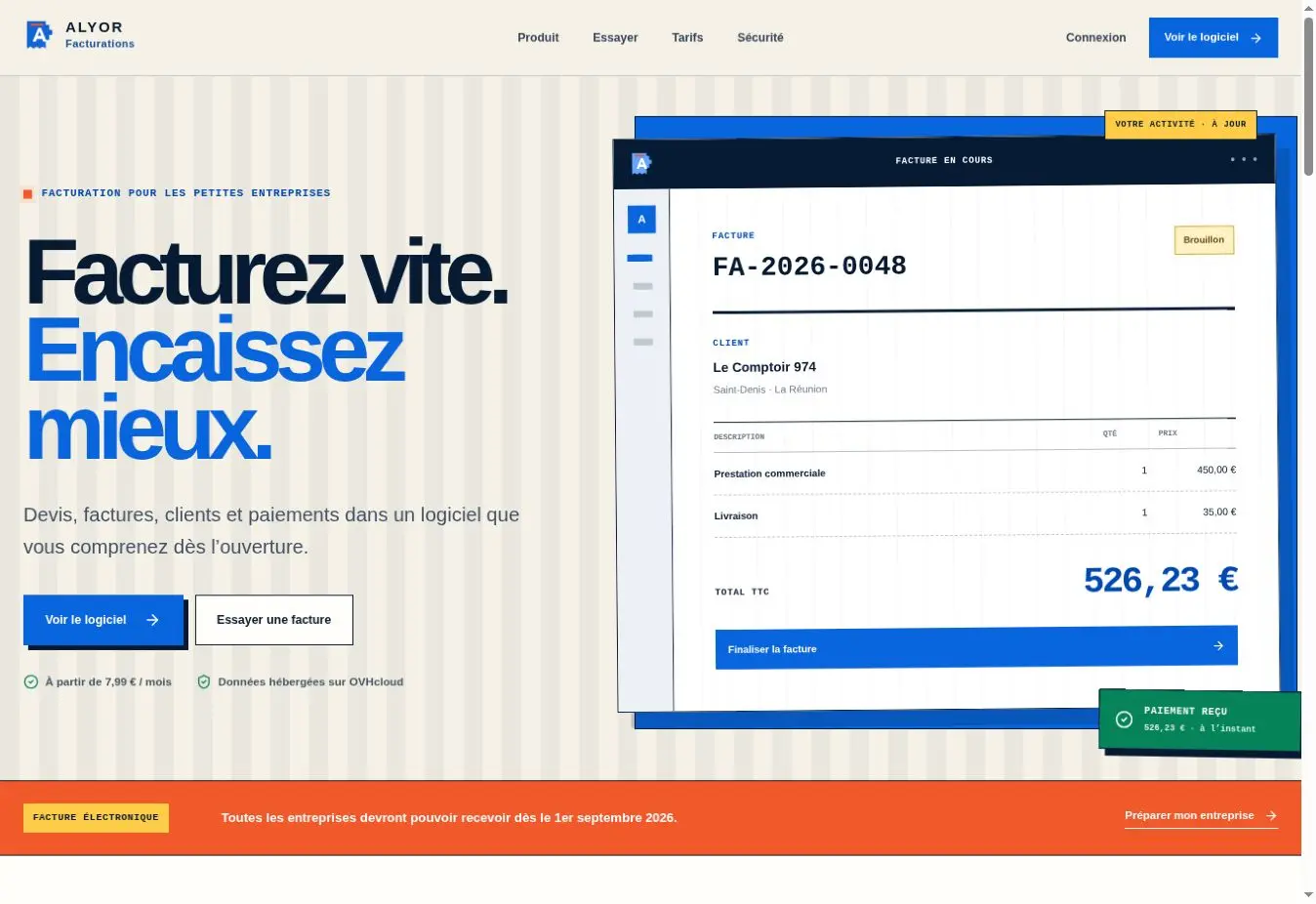 Page d’accueil du logiciel ALYOR Facturations